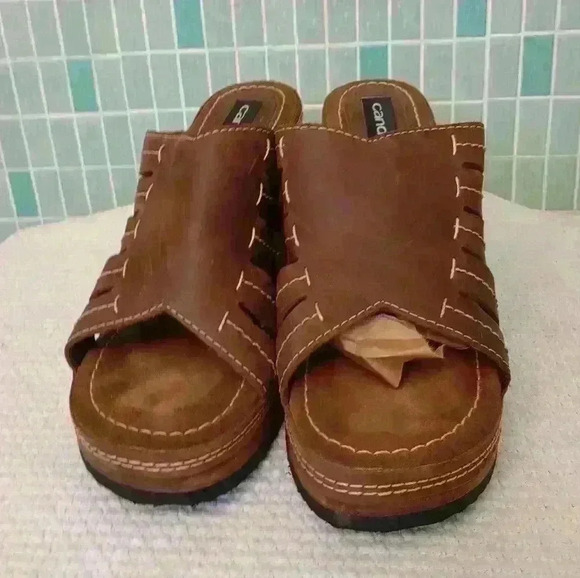 Candie’s Brown Leather and Slip On Open Toe Wood Chunky Y2K Platform Heel Sandal - Picture 5 of 11